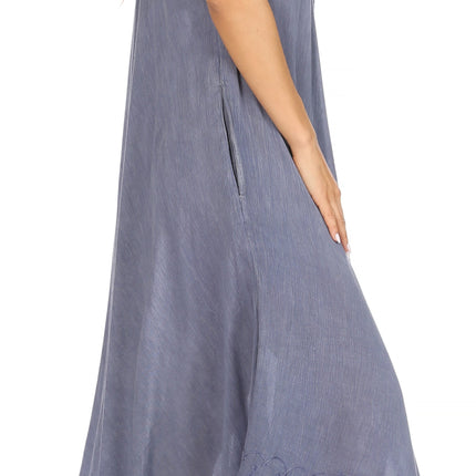 Sakkas Egan Women's Long Embroidered Caftan Dress / Cover Up With Embroidered Cap Sleeves