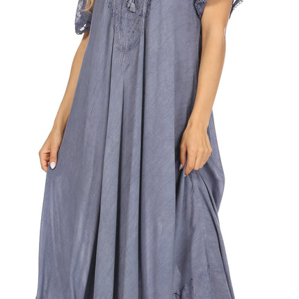 Sakkas Egan Women's Long Embroidered Caftan Dress / Cover Up With Embroidered Cap Sleeves