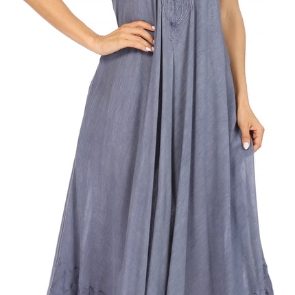 Sakkas Egan Women's Long Embroidered Caftan Dress / Cover Up With Embroidered Cap Sleeves