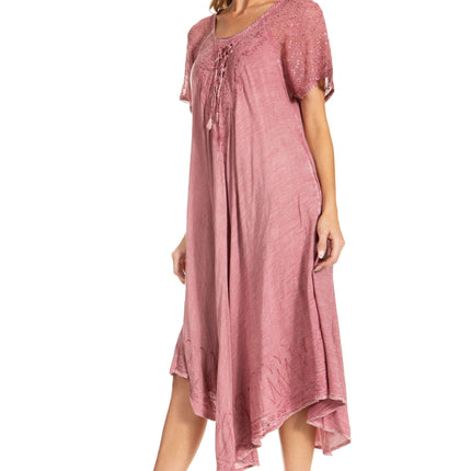 Sakkas Egan Women's Long Embroidered Caftan Dress / Cover Up With Embroidered Cap Sleeves