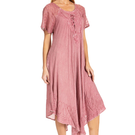 Sakkas Egan Women's Long Embroidered Caftan Dress / Cover Up With Embroidered Cap Sleeves