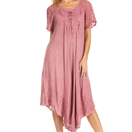 Sakkas Egan Women's Long Embroidered Caftan Dress / Cover Up With Embroidered Cap Sleeves