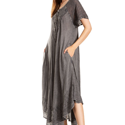 Sakkas Egan Women's Long Embroidered Caftan Dress / Cover Up With Embroidered Cap Sleeves