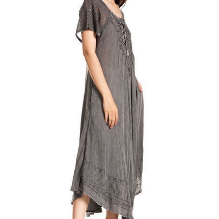 Sakkas Egan Women's Long Embroidered Caftan Dress / Cover Up With Embroidered Cap Sleeves