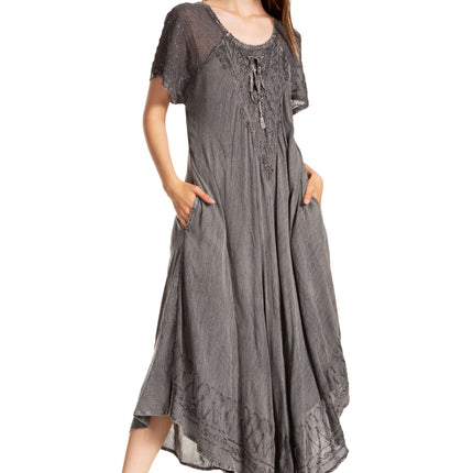 Sakkas Egan Women's Long Embroidered Caftan Dress / Cover Up With Embroidered Cap Sleeves
