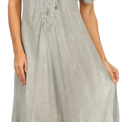 Sakkas Egan Women's Long Embroidered Caftan Dress / Cover Up With Embroidered Cap Sleeves