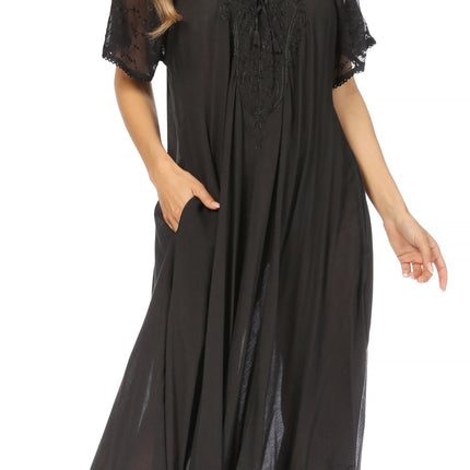 Sakkas Egan Women's Long Embroidered Caftan Dress / Cover Up With Embroidered Cap Sleeves