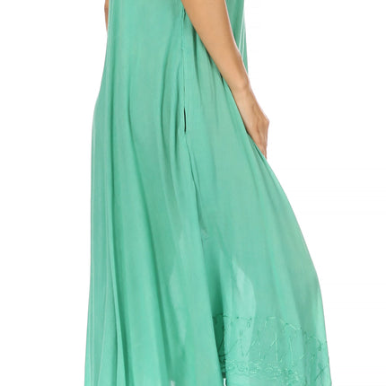 Sakkas Egan Women's Long Embroidered Caftan Dress / Cover Up With Embroidered Cap Sleeves