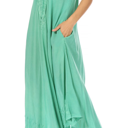 Sakkas Egan Women's Long Embroidered Caftan Dress / Cover Up With Embroidered Cap Sleeves