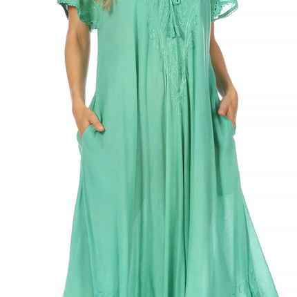 Sakkas Egan Women's Long Embroidered Caftan Dress / Cover Up With Embroidered Cap Sleeves