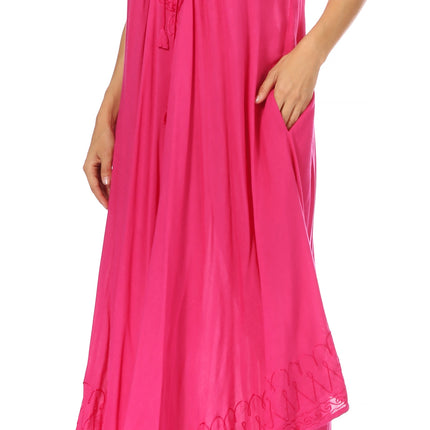 Sakkas Egan Women's Long Embroidered Caftan Dress / Cover Up With Embroidered Cap Sleeves
