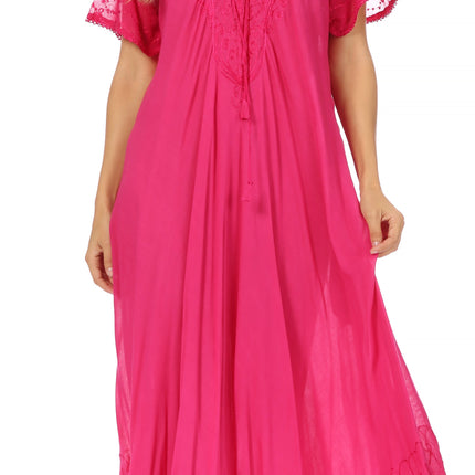 Sakkas Egan Women's Long Embroidered Caftan Dress / Cover Up With Embroidered Cap Sleeves