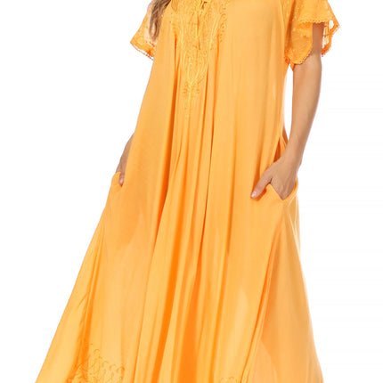 Sakkas Egan Women's Long Embroidered Caftan Dress / Cover Up With Embroidered Cap Sleeves