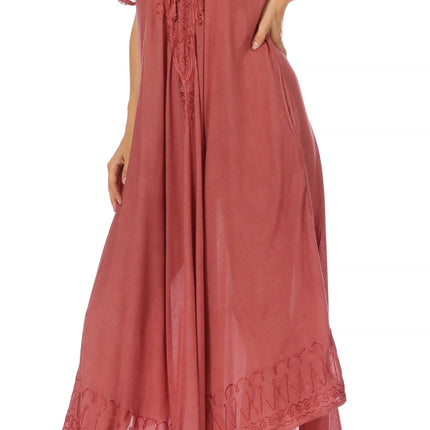 Sakkas Egan Women's Long Embroidered Caftan Dress / Cover Up With Embroidered Cap Sleeves