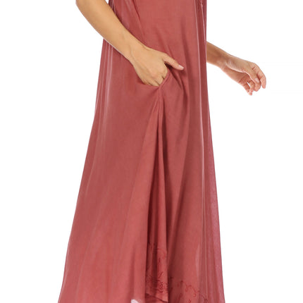 Sakkas Egan Women's Long Embroidered Caftan Dress / Cover Up With Embroidered Cap Sleeves