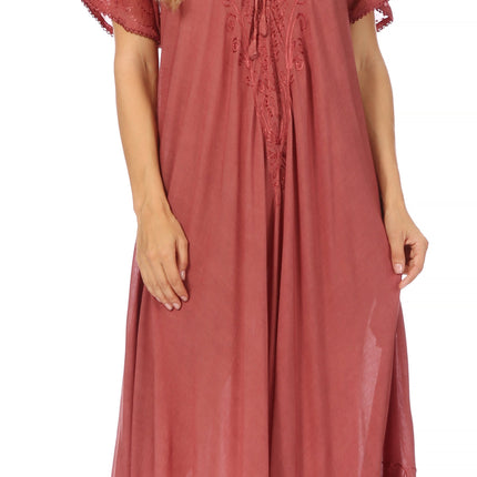 Sakkas Egan Women's Long Embroidered Caftan Dress / Cover Up With Embroidered Cap Sleeves