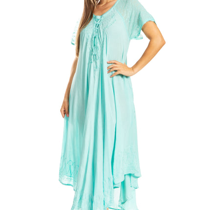Sakkas Egan Women's Long Embroidered Caftan Dress / Cover Up With Embroidered Cap Sleeves