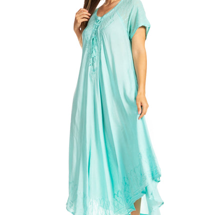 Sakkas Egan Women's Long Embroidered Caftan Dress / Cover Up With Embroidered Cap Sleeves