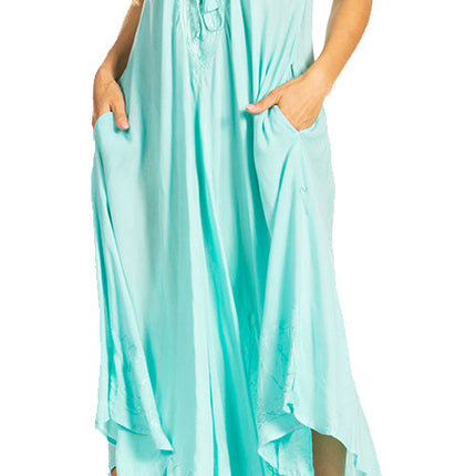 Sakkas Egan Women's Long Embroidered Caftan Dress / Cover Up With Embroidered Cap Sleeves