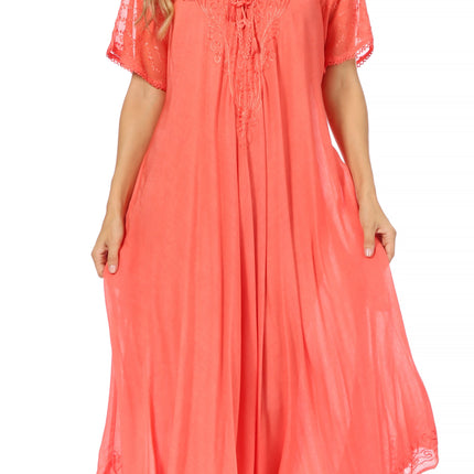 Sakkas Egan Women's Long Embroidered Caftan Dress / Cover Up With Embroidered Cap Sleeves