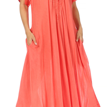 Sakkas Egan Women's Long Embroidered Caftan Dress / Cover Up With Embroidered Cap Sleeves