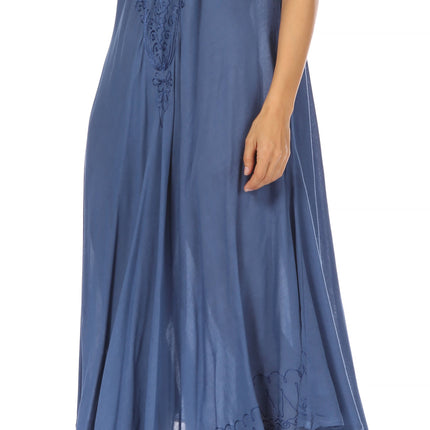 Sakkas Egan Women's Long Embroidered Caftan Dress / Cover Up With Embroidered Cap Sleeves