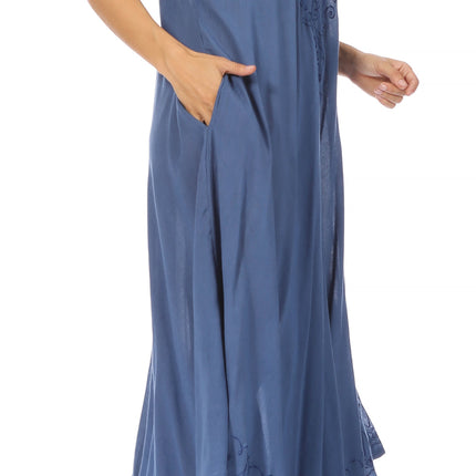Sakkas Egan Women's Long Embroidered Caftan Dress / Cover Up With Embroidered Cap Sleeves