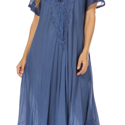 Sakkas Egan Women's Long Embroidered Caftan Dress / Cover Up With Embroidered Cap Sleeves