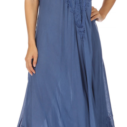 Sakkas Egan Women's Long Embroidered Caftan Dress / Cover Up With Embroidered Cap Sleeves