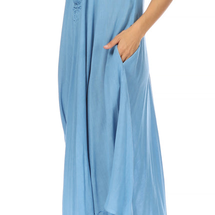 Sakkas Egan Women's Long Embroidered Caftan Dress / Cover Up With Embroidered Cap Sleeves