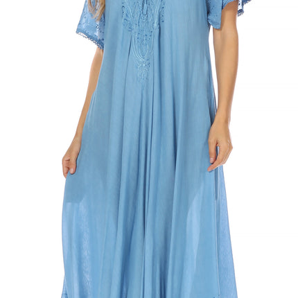 Sakkas Egan Women's Long Embroidered Caftan Dress / Cover Up With Embroidered Cap Sleeves