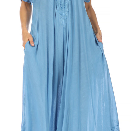 Sakkas Egan Women's Long Embroidered Caftan Dress / Cover Up With Embroidered Cap Sleeves