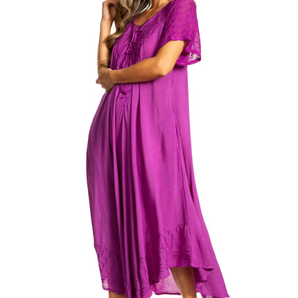 Sakkas Egan Women's Long Embroidered Caftan Dress / Cover Up With Embroidered Cap Sleeves