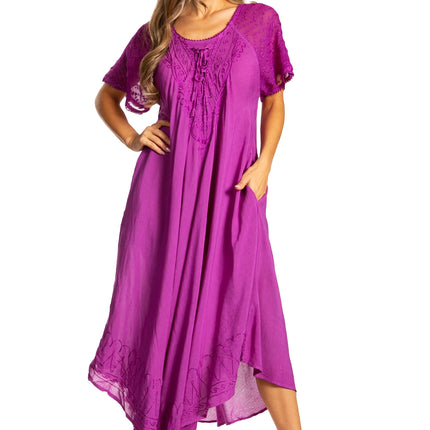 Sakkas Egan Women's Long Embroidered Caftan Dress / Cover Up With Embroidered Cap Sleeves