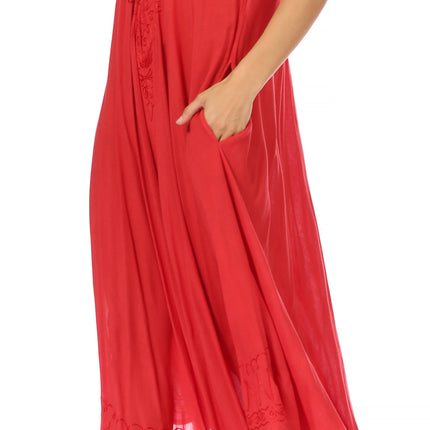 Sakkas Egan Women's Long Embroidered Caftan Dress / Cover Up With Embroidered Cap Sleeves