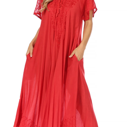 Sakkas Egan Women's Long Embroidered Caftan Dress / Cover Up With Embroidered Cap Sleeves
