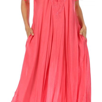Sakkas Egan Women's Long Embroidered Caftan Dress / Cover Up With Embroidered Cap Sleeves
