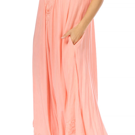 Sakkas Egan Women's Long Embroidered Caftan Dress / Cover Up With Embroidered Cap Sleeves