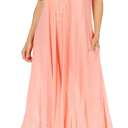Sakkas Egan Women's Long Embroidered Caftan Dress / Cover Up With Embroidered Cap Sleeves