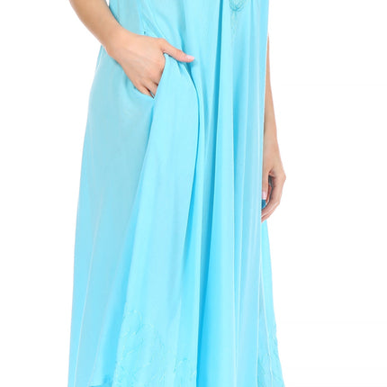 Sakkas Egan Women's Long Embroidered Caftan Dress / Cover Up With Embroidered Cap Sleeves