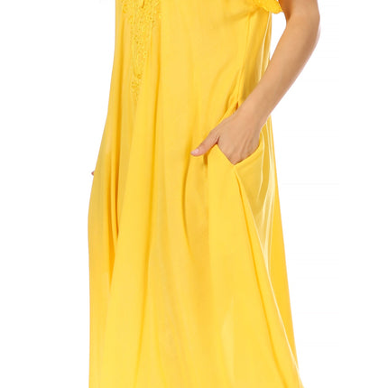 Sakkas Egan Women's Long Embroidered Caftan Dress / Cover Up With Embroidered Cap Sleeves