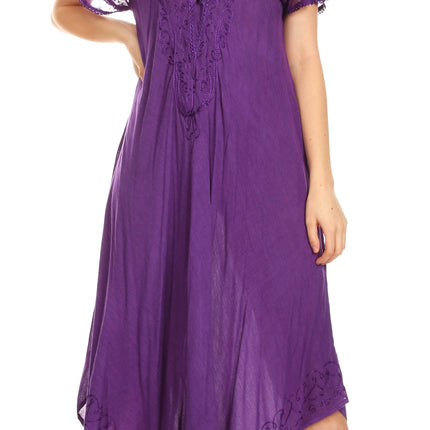 Sakkas Egan Women's Long Embroidered Caftan Dress / Cover Up With Embroidered Cap Sleeves
