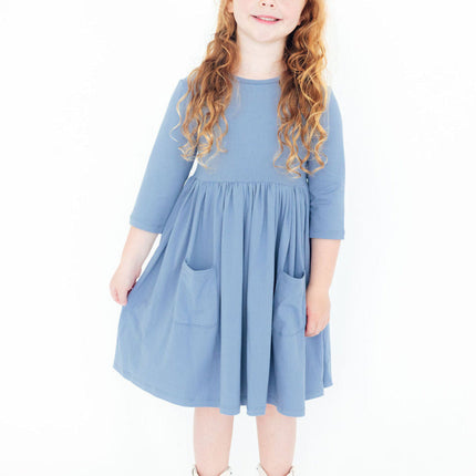 Dusty Blue 3/4 Sleeve Pocket Twirl Dress