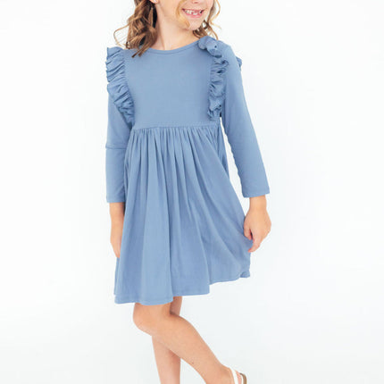 Dusty Blue L/S Ruffle Twirl Dress