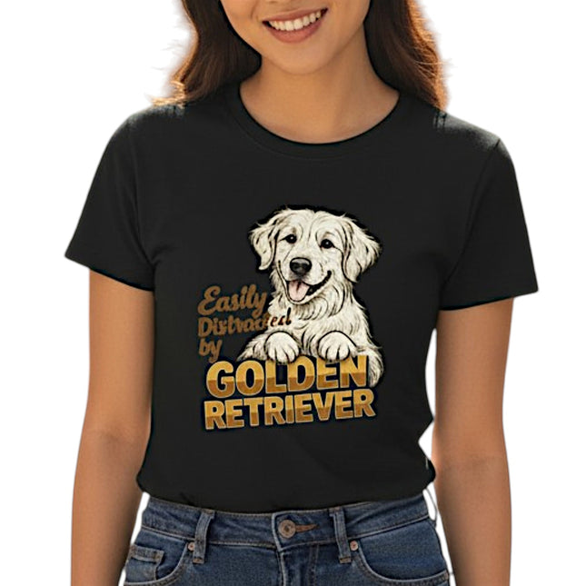 Easily Distracted By Golden Retriever Women Graphic T-Shirt Cotton Pet Lover Casual Top - Shaketea