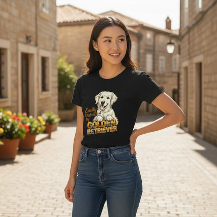 Easily Distracted By Golden Retriever Women Graphic T-Shirt Cotton Pet Lover Casual Top - Shaketea