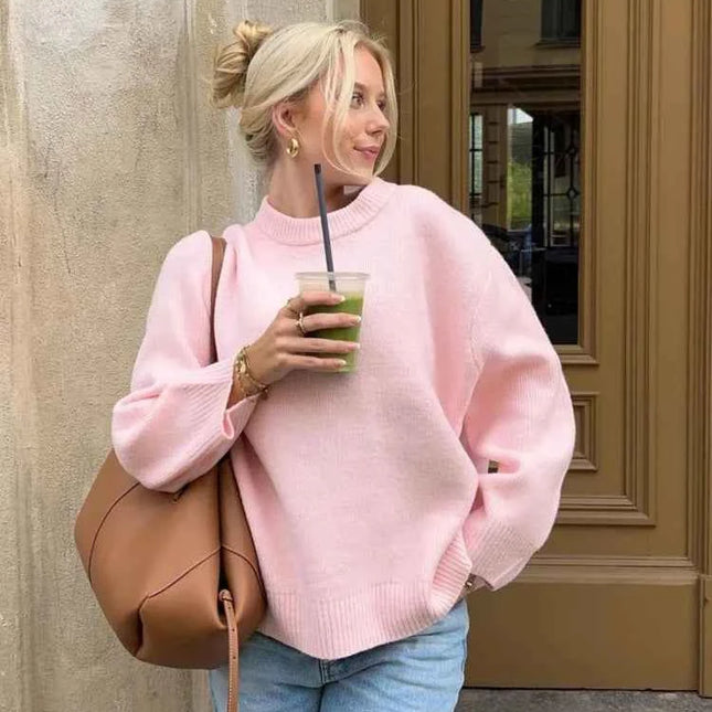 Fashion Pink Solid Warm Thick Loose Sweater Women Elegant O-neck Long Sleeve Knitted Pullover Top Autumn Female Tops Jumpers