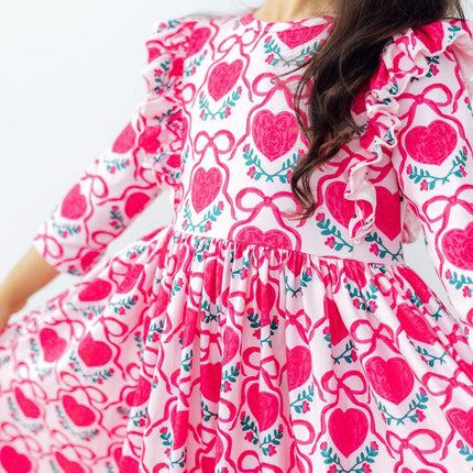 Fluttering Hearts 3/4 Sleeve Ruffle Twirl Dress
