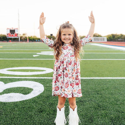 Footballs & Flowers 3/4 Sleeve Pocket Twirl Dress