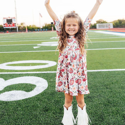 Footballs & Flowers 3/4 Sleeve Pocket Twirl Dress